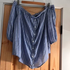 Torrid off the shoulder blouse, denim color with white pin stripe.